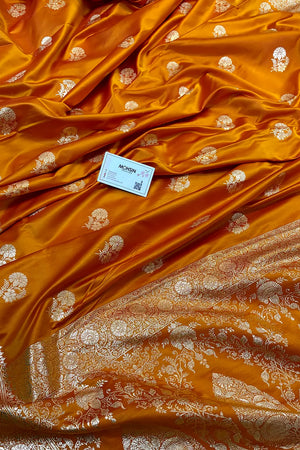 Orange Golden Flower Katan Silk Banarasi Saree