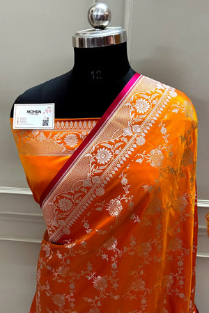 Orange Jhanjaal Katan Mashru Silk Banarasi Saree