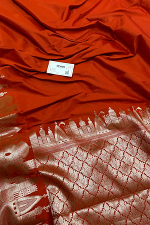 Orange Kalyug Plain Semi Katan Silk Banarasi Saree