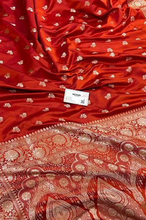 Orange Magenta Chaman Buti Katan Mashru Silk Banarasi Saree