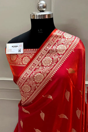 Orange Magenta Zari Satin Silk Banarasi Saree