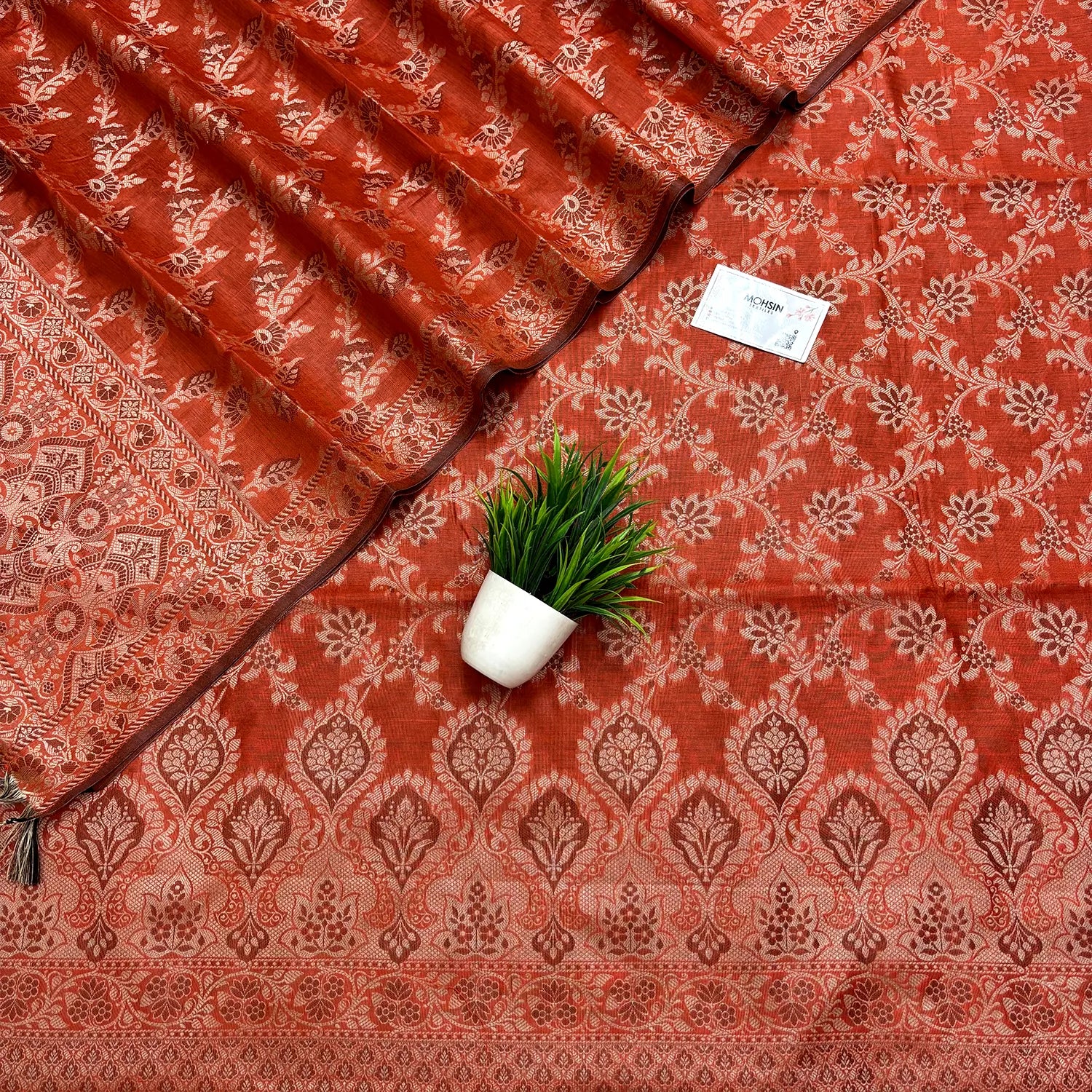 Orange Mogambo Jaal Cotton Silk Banarasi Suit