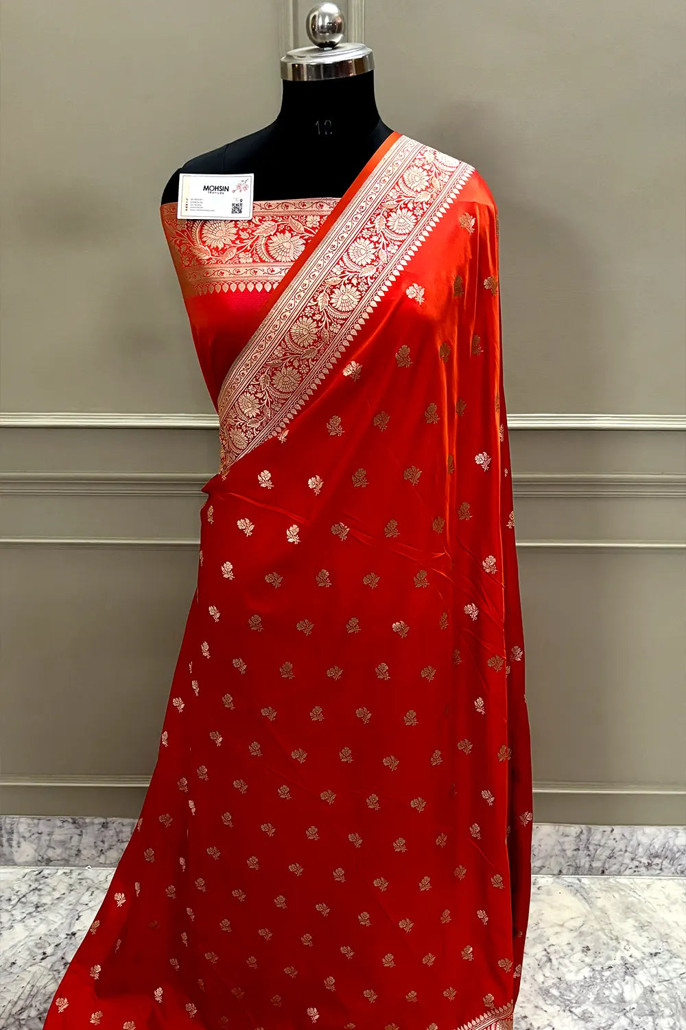 Orange Pink Chaman Buti Katan Mashru Silk Banarasi Saree