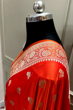 Orange Pink Chaman Buti Katan Mashru Silk Banarasi Saree