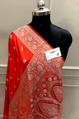 Orange Pink Chaman Buti Katan Mashru Silk Banarasi Saree