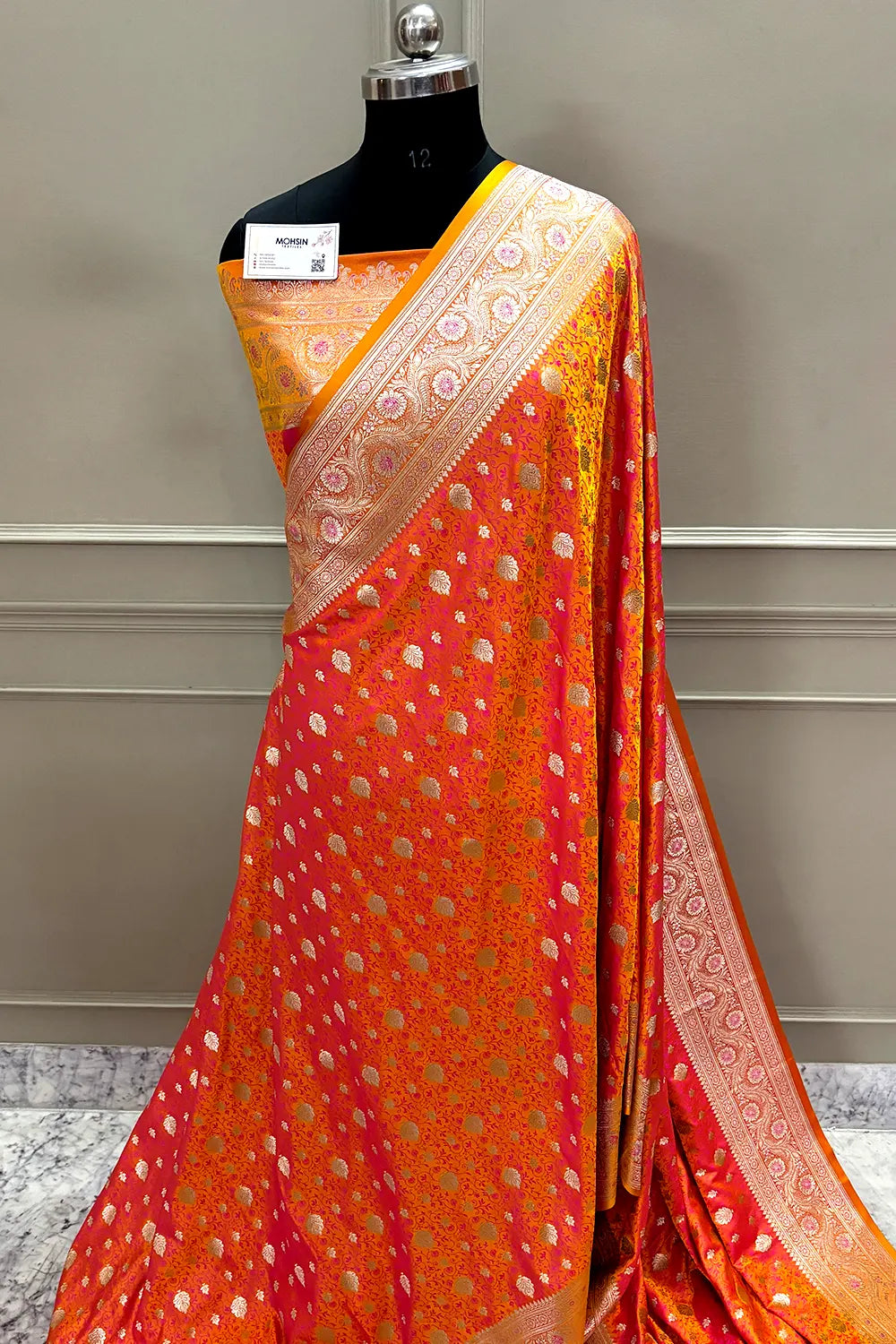 Orange Pink Chunni Munni Buti Katan Silk Banarasi Saree