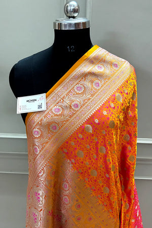 Orange Pink Chunni Munni Buti Katan Silk Banarasi Saree