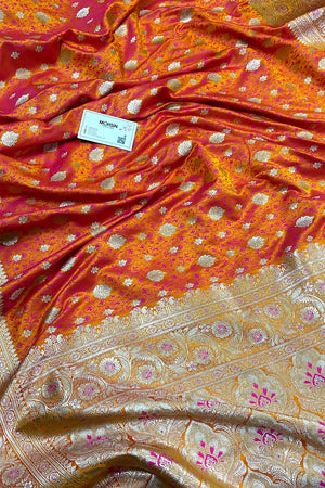 Orange Pink Chunni Munni Buti Katan Silk Banarasi Saree