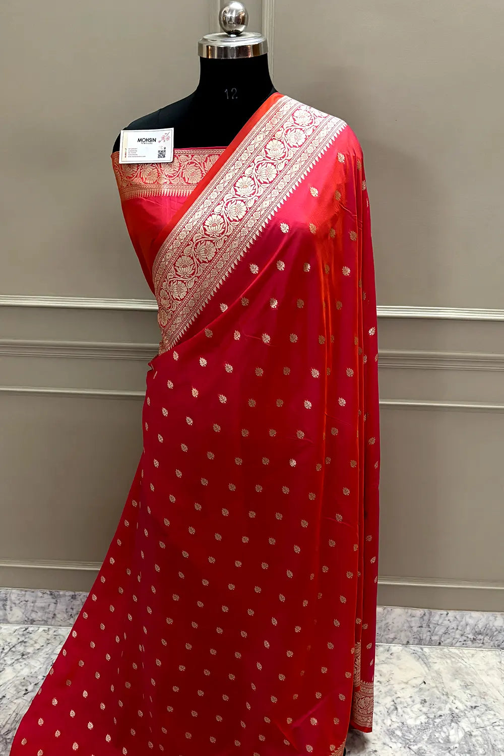 Orange Pink Rudraksha Buti Katan Silk Banarasi Saree