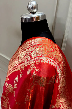 Orange Pink Zari Katan Satin Silk Banarasi Saree