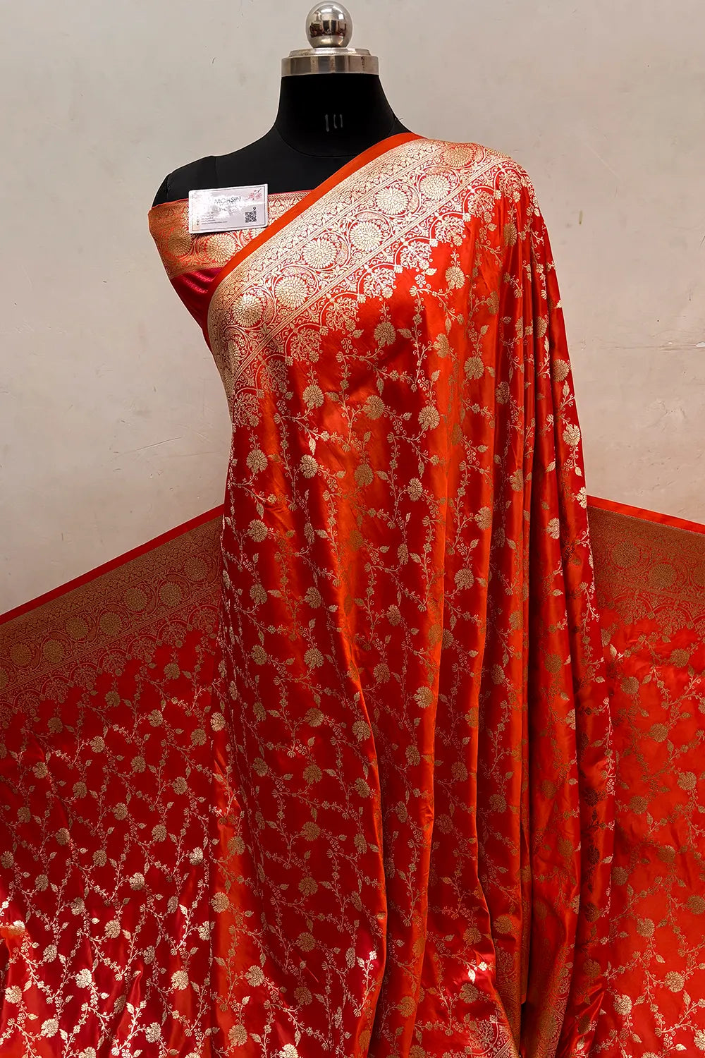 Orange Pink Zari Katan Silk Banarasi Saree