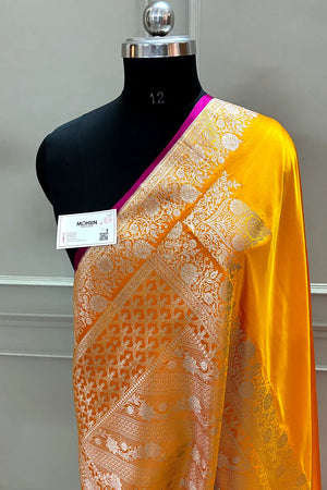 Orange Plain Zari Border Katan Silk Banarasi Saree