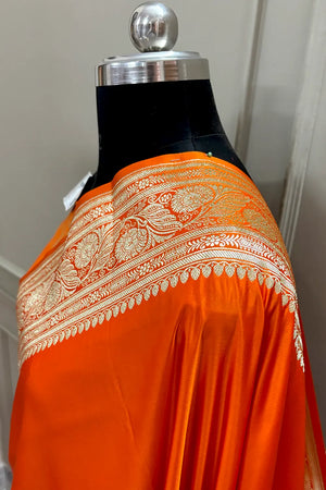 Orange Royal Plain Katan Silk Banarasi Saree