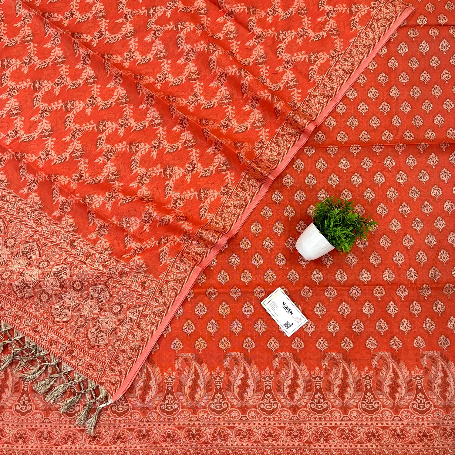 Orange Surahi Tree Cotton Silk Banarasi Suit