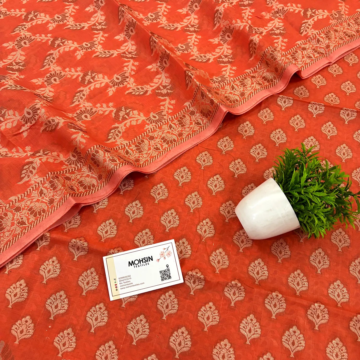 Orange Surahi Tree Cotton Silk Banarasi Suit