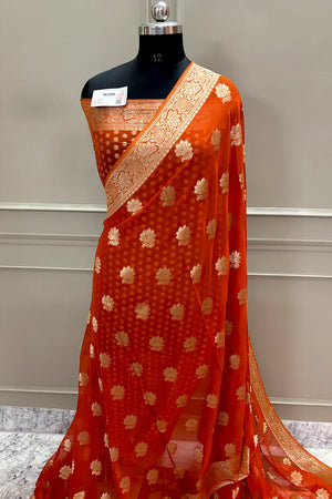Orange Zari Georgette Silk Banarasi Saree