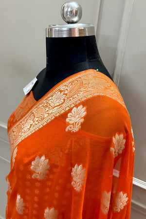 Orange Zari Georgette Silk Banarasi Saree
