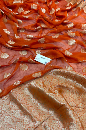 Orange Zari Georgette Silk Banarasi Saree