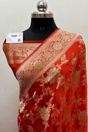 Orange Zari Georgette Silk Banarasi Saree