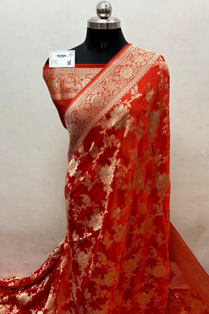 Orange Zari Georgette Silk Banarasi Saree