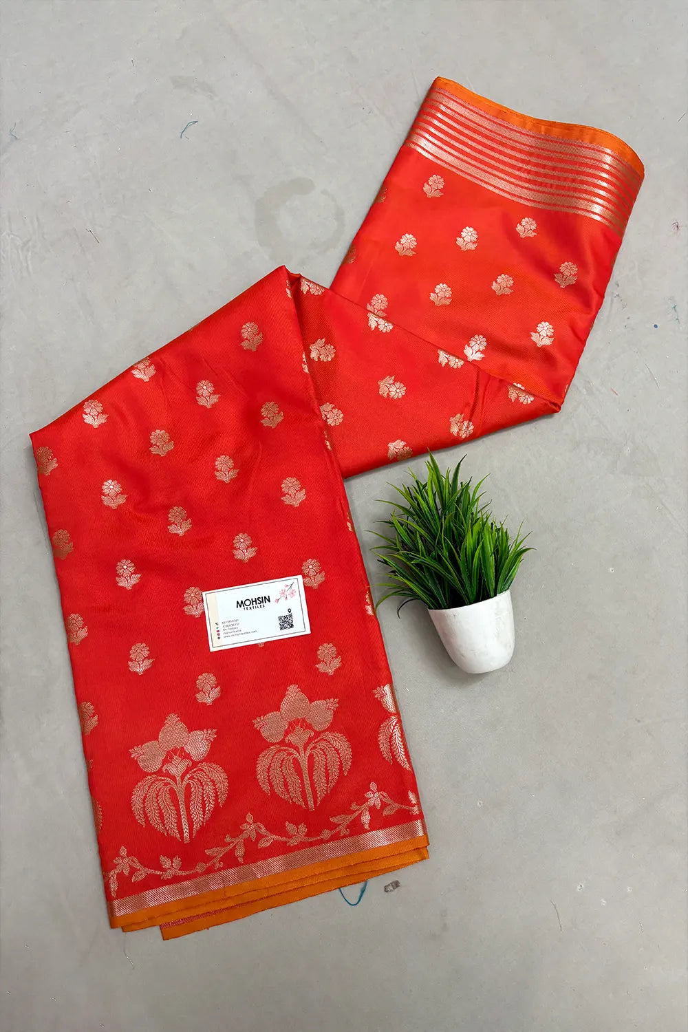 Orange Zari Semi Katan Silk Banarasi Saree