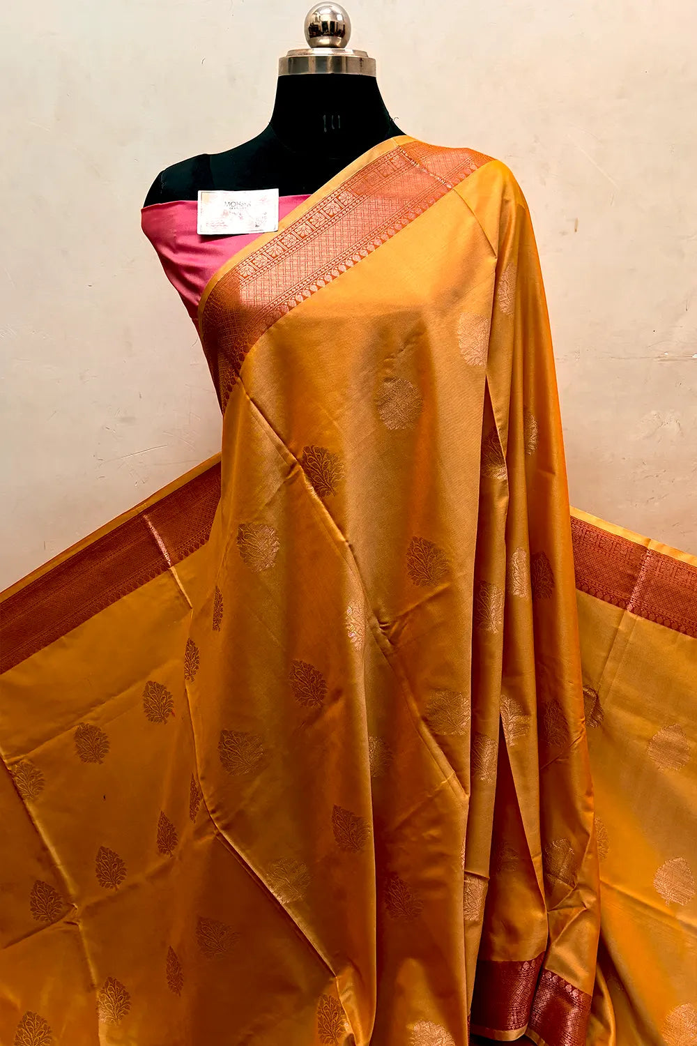 Orangish Peach and Pink Zari Semi Katan Silk Banarasi Saree
