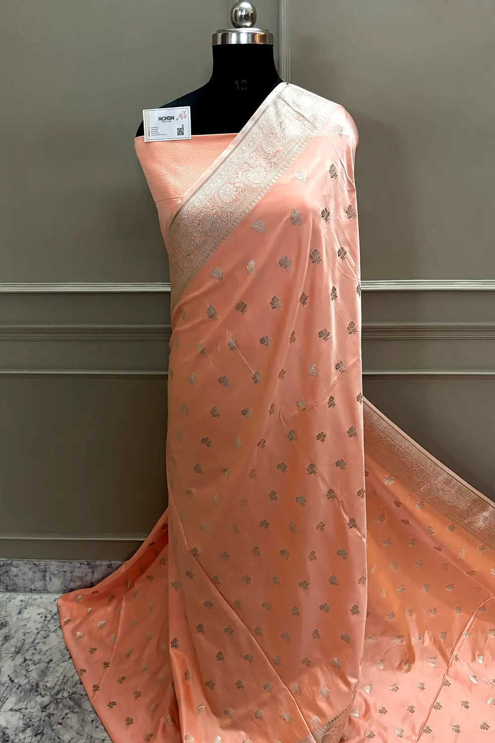 Orangish Peach Chaman Buti Katan Mashru Silk Banarasi Saree
