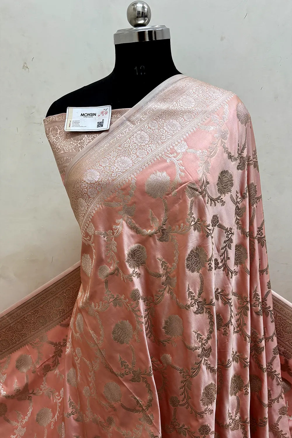 Orangish Peach Laabela Jaal Katan Mashru Silk Banarasi Saree