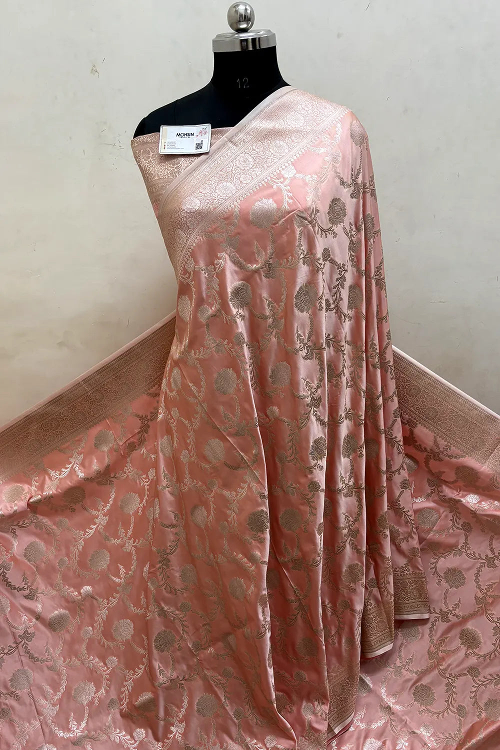 Orangish Peach Laabela Jaal Katan Mashru Silk Banarasi Saree