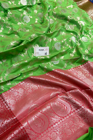 Parrot Green and Red Zari Banarasi Silk Saree