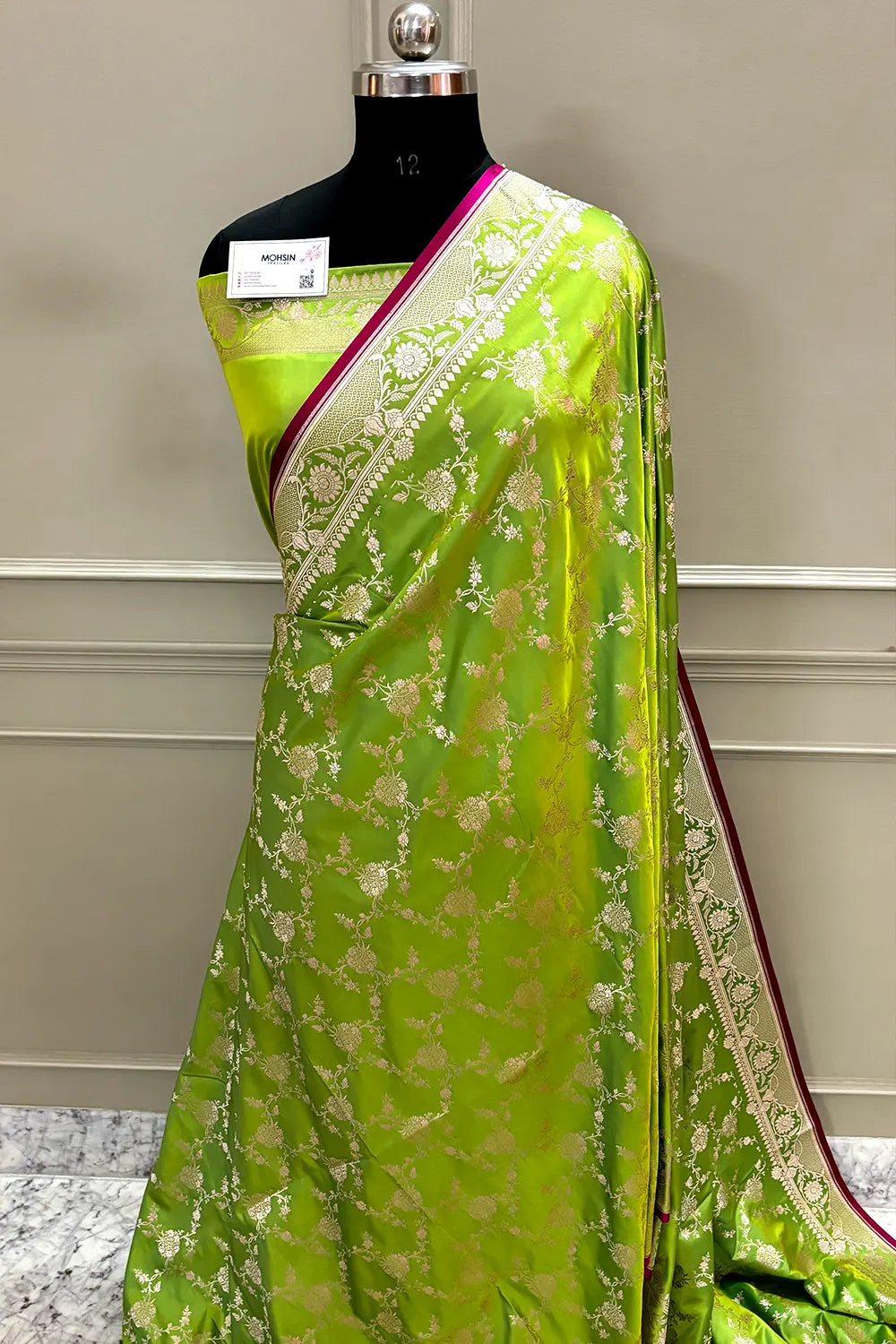 Parrot Green Jhanjaal Katan Silk Banarasi Saree
