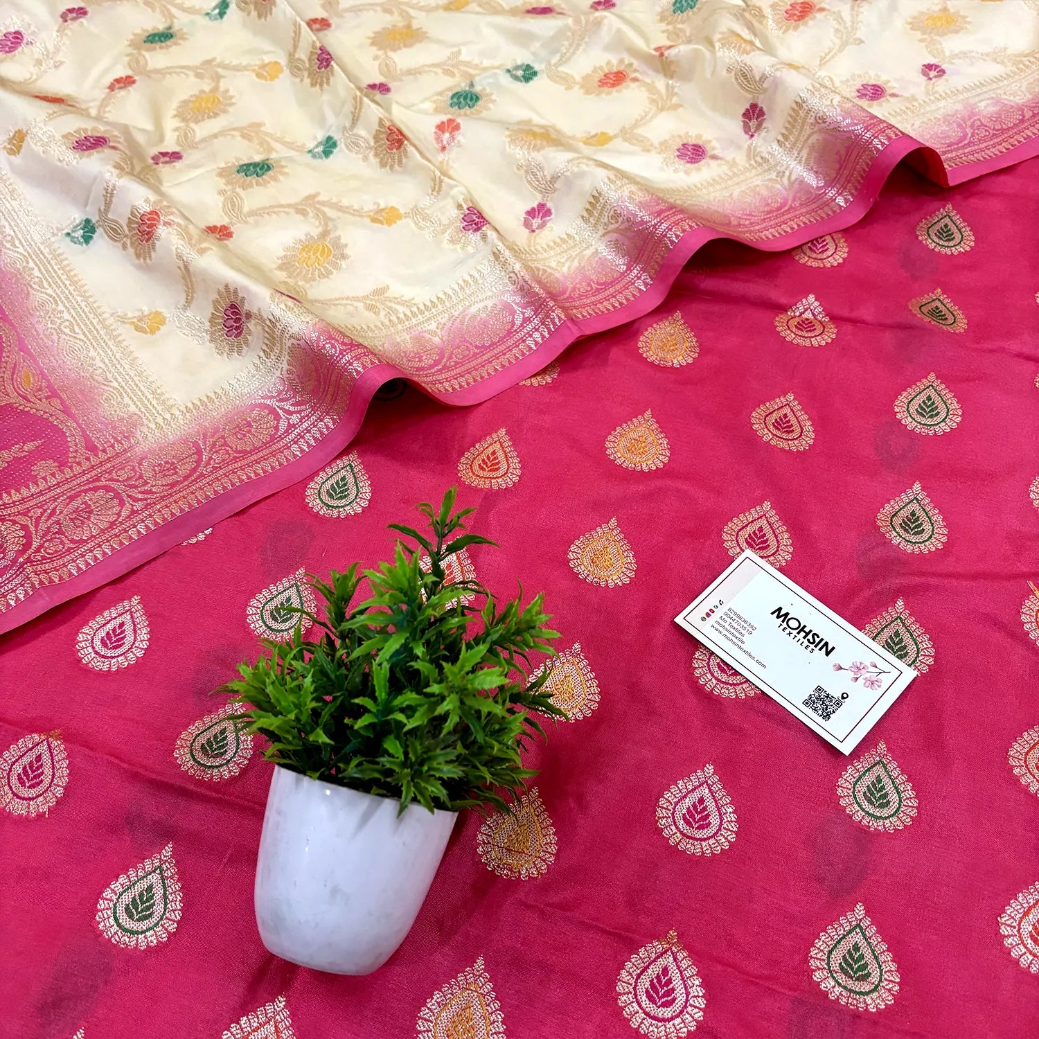 Peach and Beige Zari Katan Silk Banarasi Suit