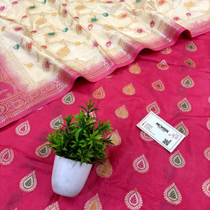 Peach and Beige Zari Katan Silk Banarasi Suit