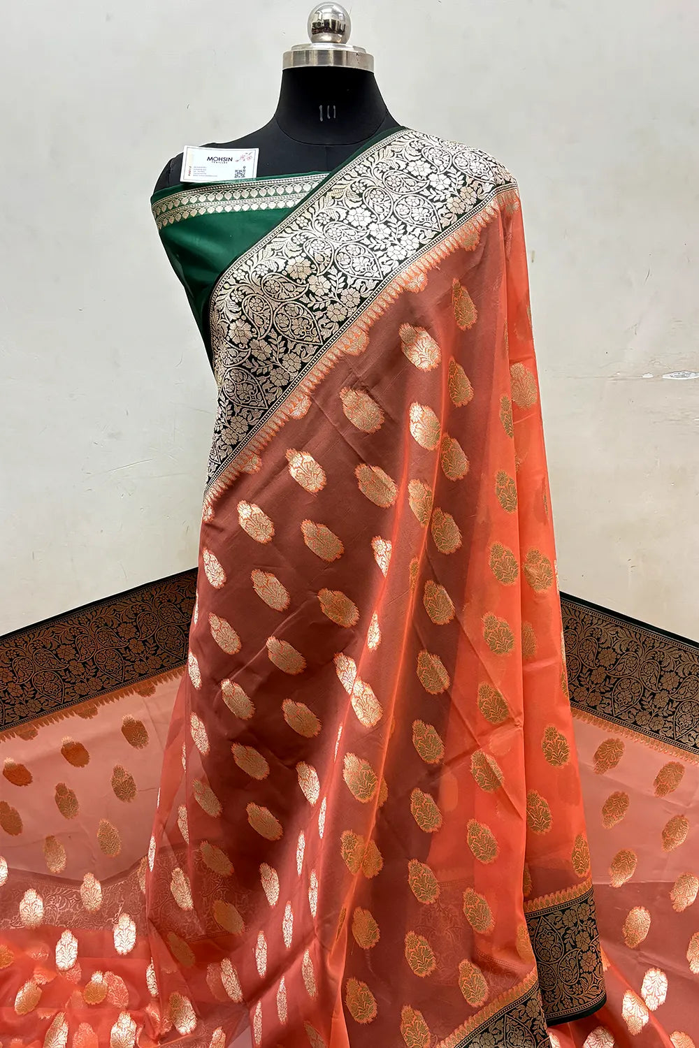 Peach and Bottle Green Organza Silk Banarasi Saree