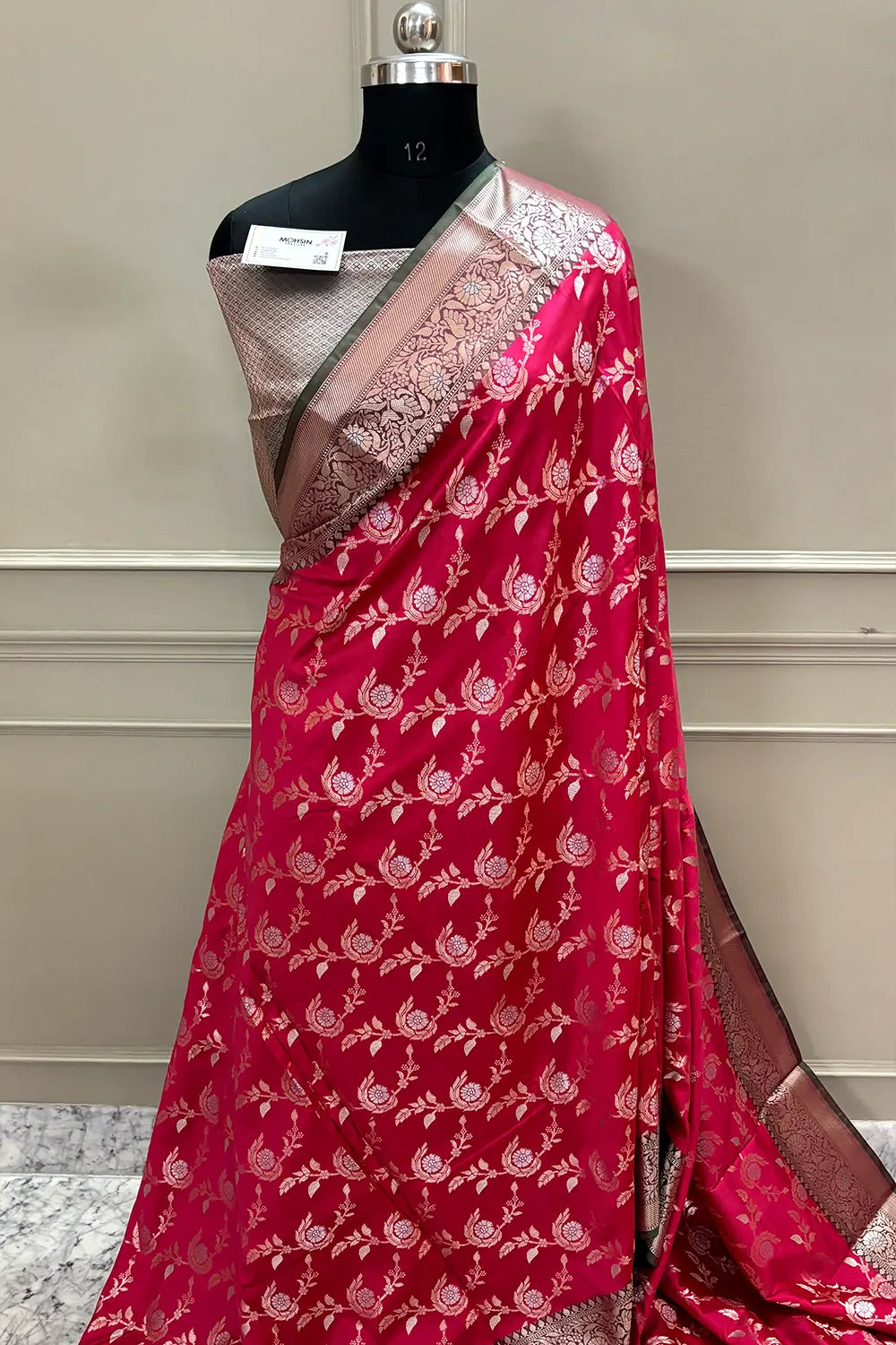 Peach and Bottle Green Zari Banarasi Silk Saree