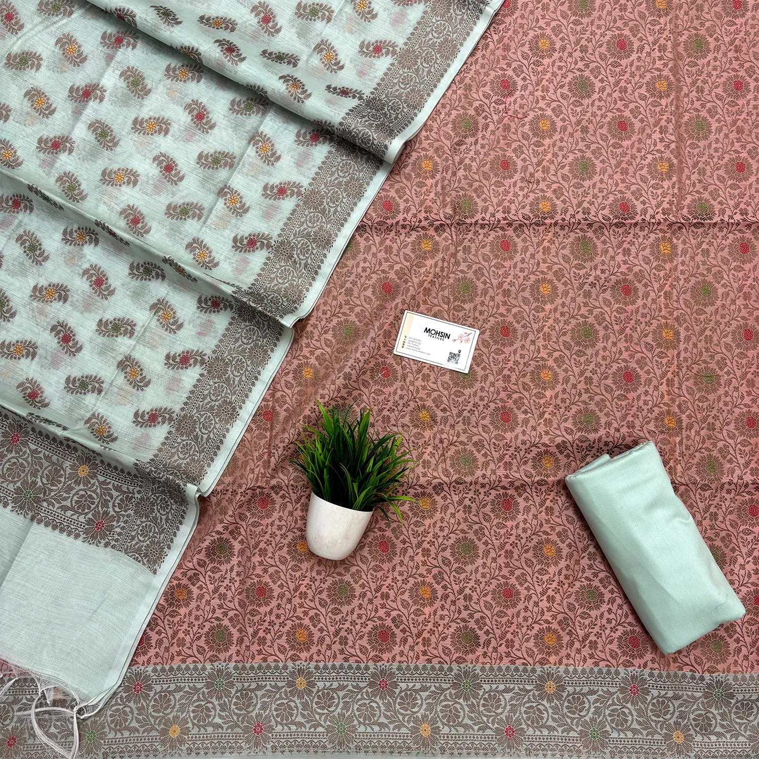 Peach and Mint Resham Banarasi Silk Suit