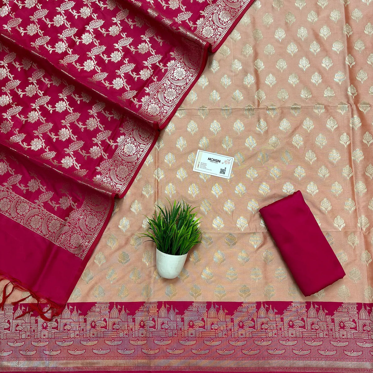 Peach and Pink Ghat Buti Semi Katan Silk Banarasi Suit