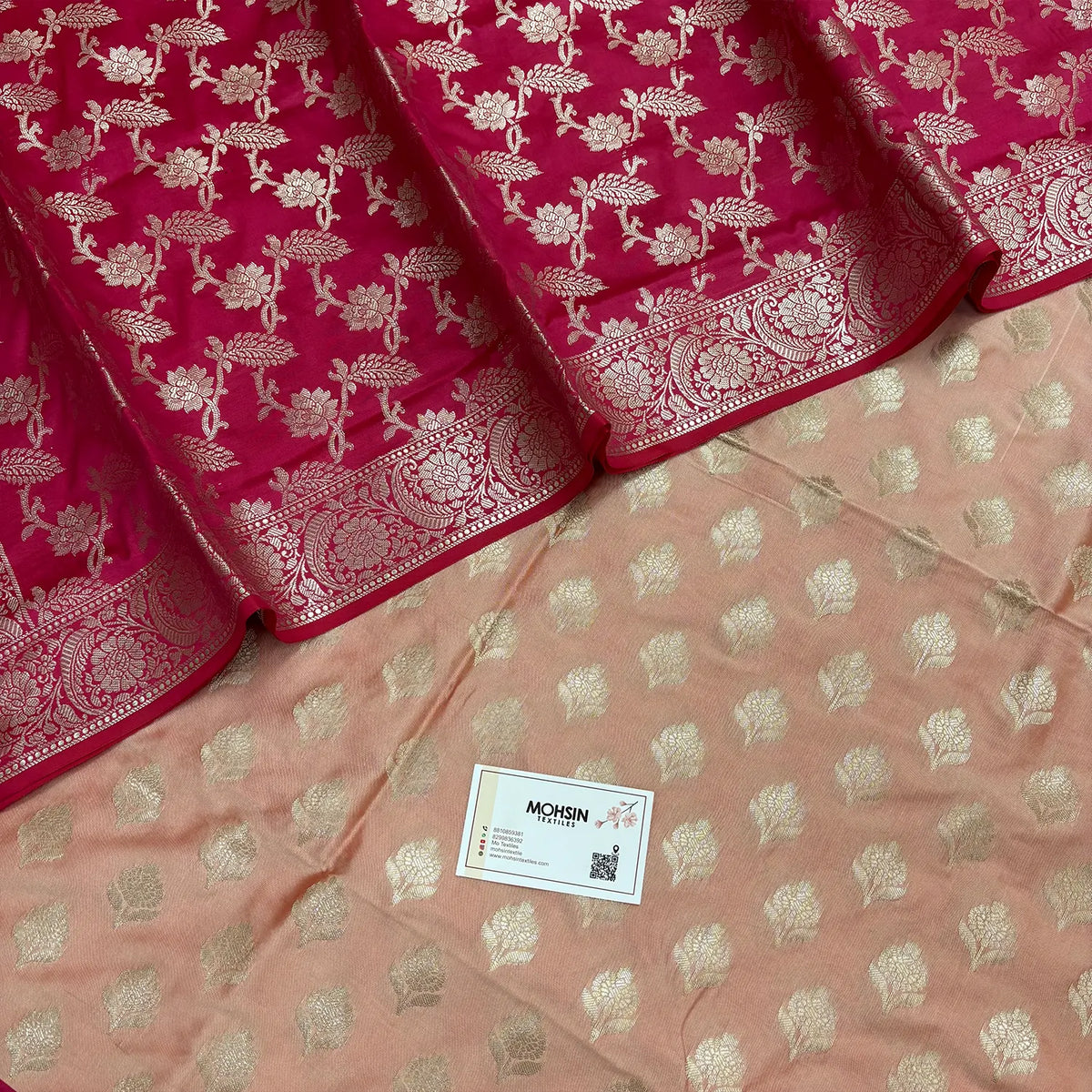 Peach and Pink Ghat Buti Semi Katan Silk Banarasi Suit