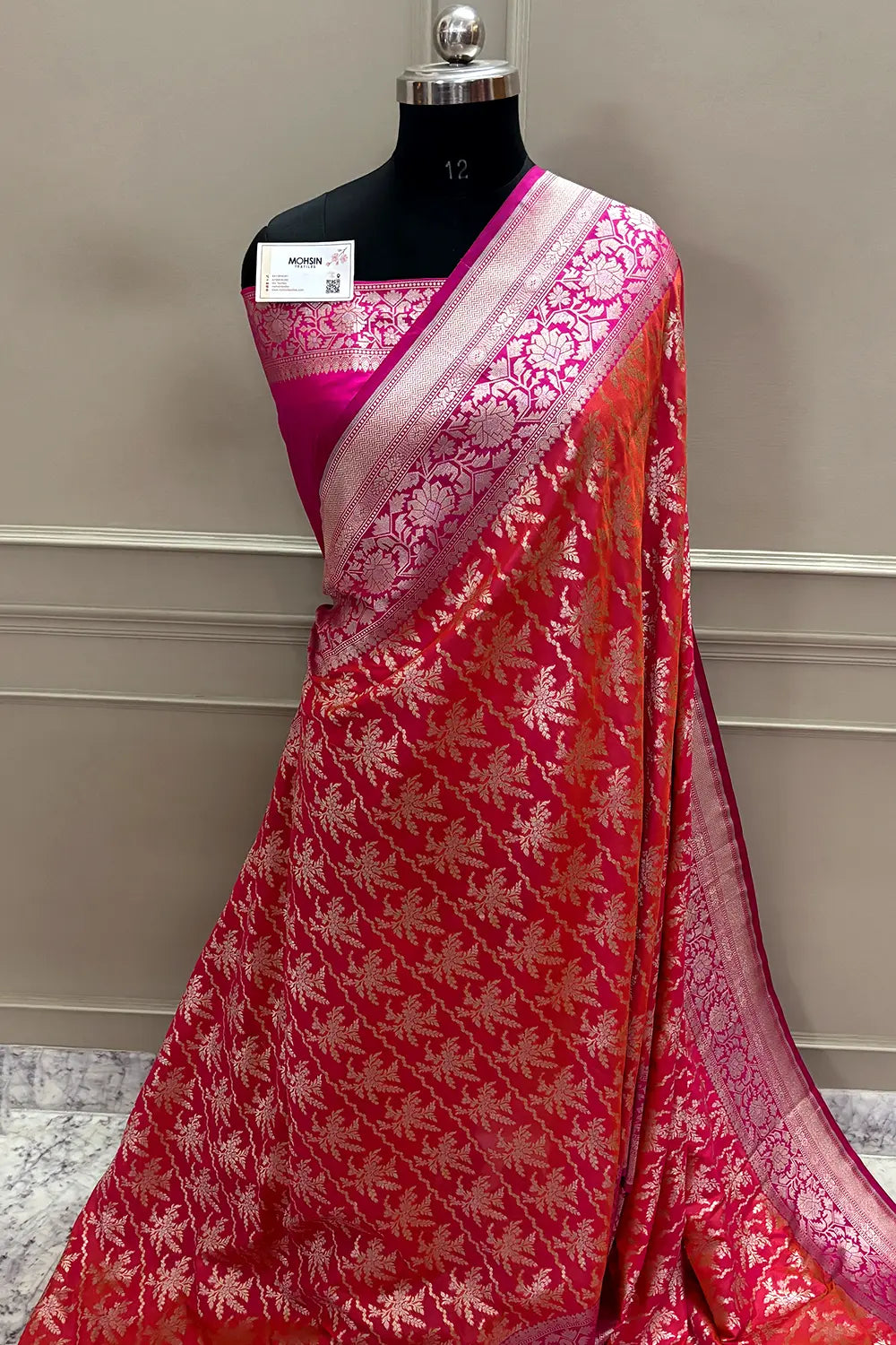 Peach and Pink Zari Katan Silk Banarasi Saree