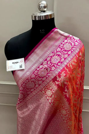Peach and Pink Zari Katan Silk Banarasi Saree