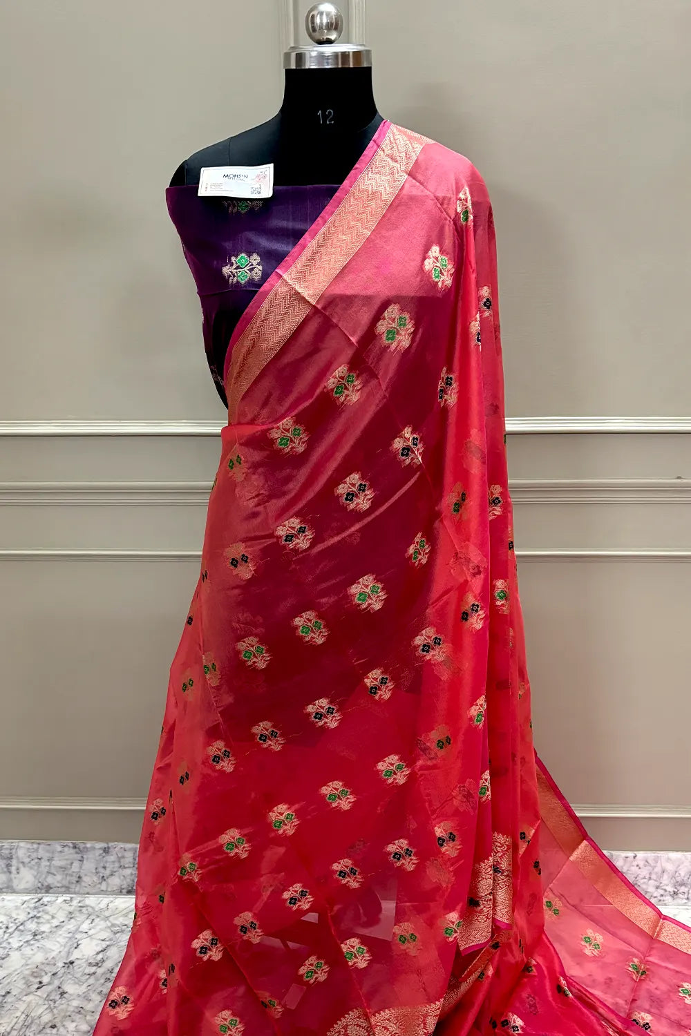 Peach and Purple Zari Resham Silk Banarasi Saree
