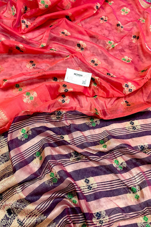 Peach and Purple Zari Resham Silk Banarasi Saree