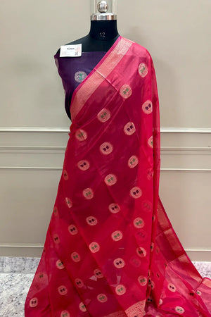 Peach and Purple Zari Resham Silk Banarasi Saree
