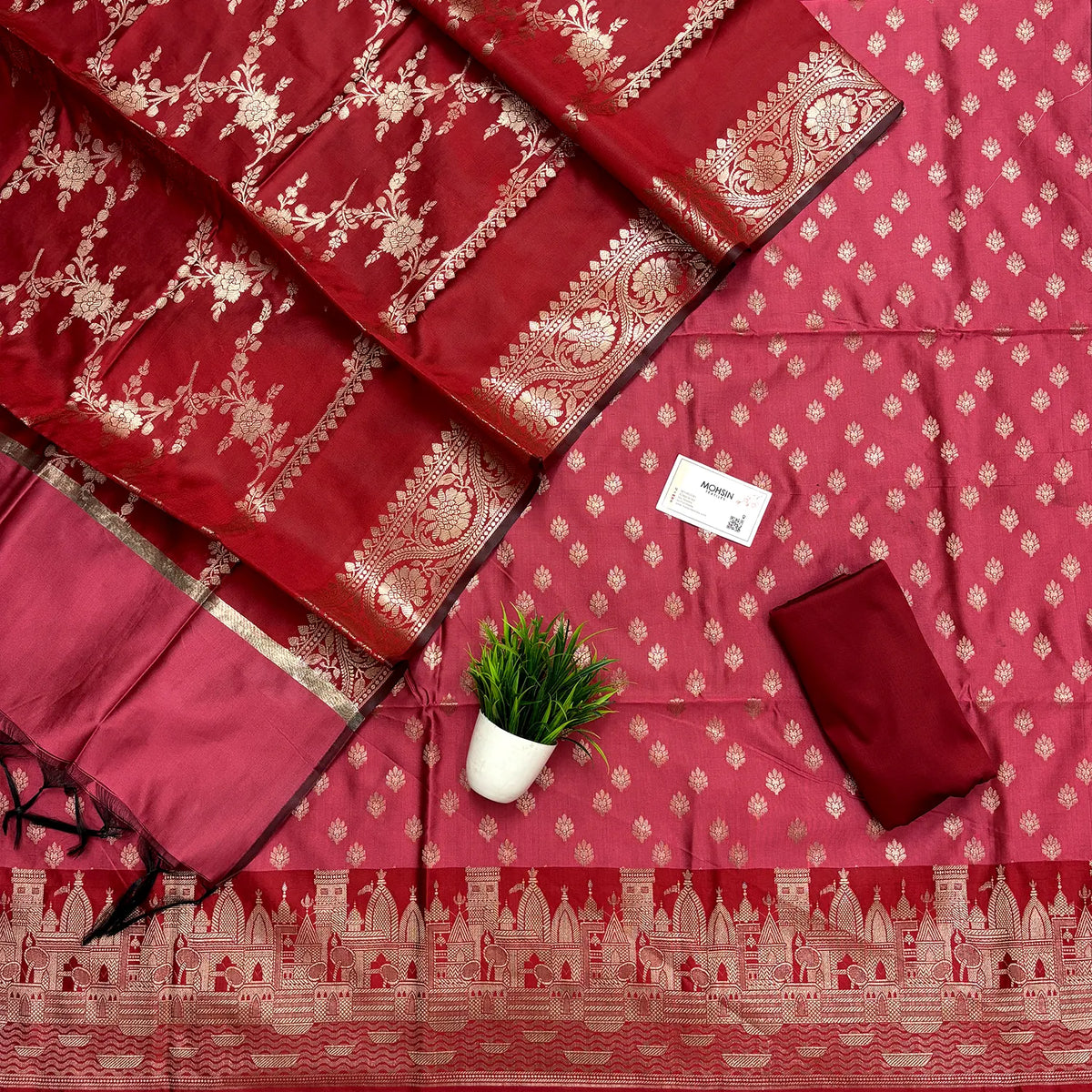 Peach and Red Ghat Buti Semi Katan Silk Banarasi Suit