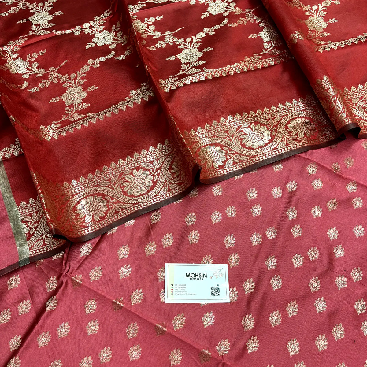 Peach and Red Ghat Buti Semi Katan Silk Banarasi Suit