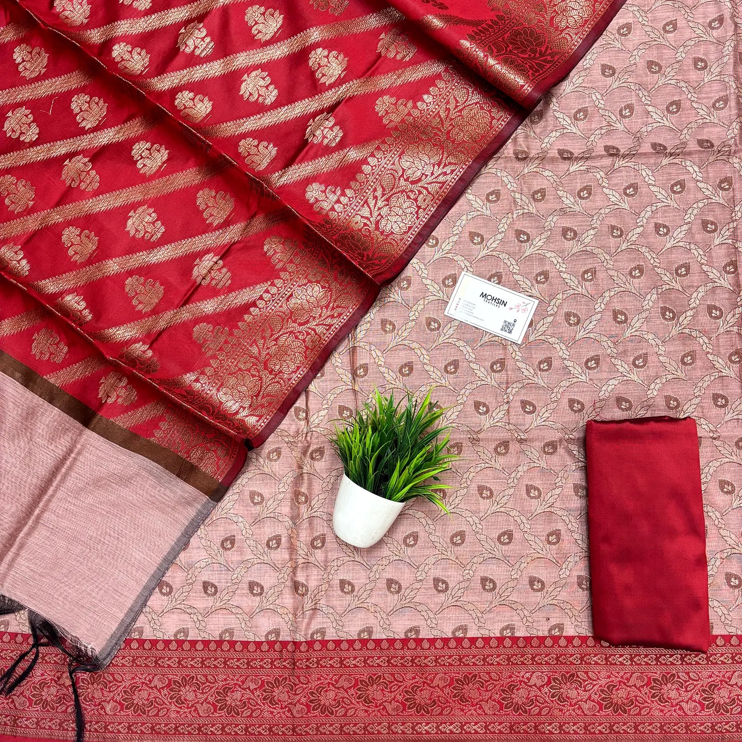 Peach and Red Patti Jaal Banarasi Silk Suit