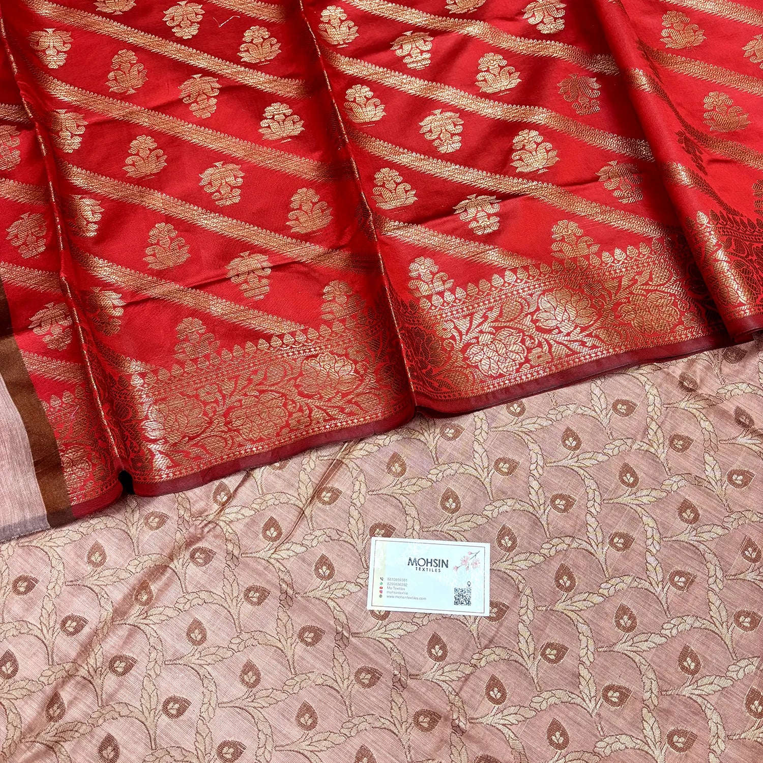 Peach and Red Patti Jaal Banarasi Silk Suit