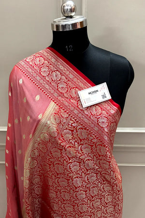 Peach and Red Rudraksha Buti Katan Silk Banarasi Saree