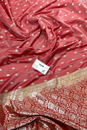Peach and Red Rudraksha Buti Katan Silk Banarasi Saree