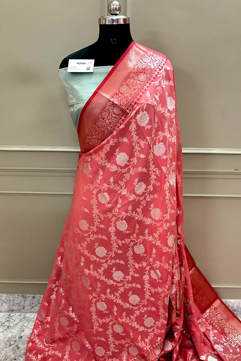 Peach and Sea Green Zari Banarasi Silk Saree